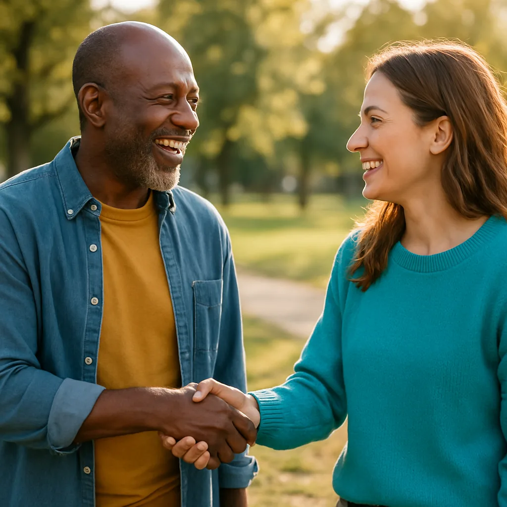 Two people meeting at a local park — genuinely local Wiltshire dating