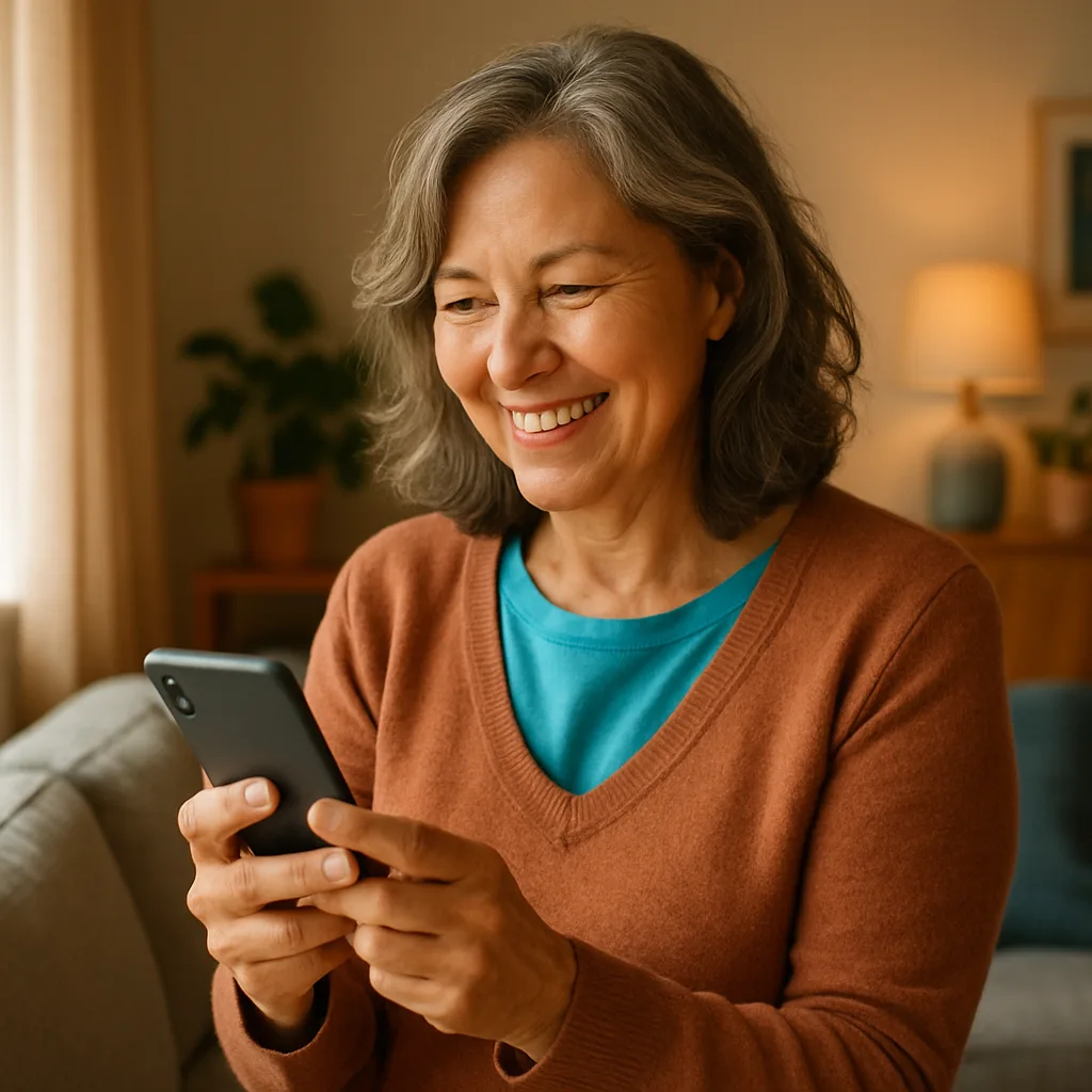 Smiling woman confidently checking her phone — verified profiles on The Wiltshire Dating Site
